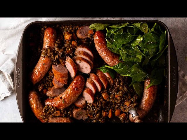 One-Pan Baked Sausages & Lentils