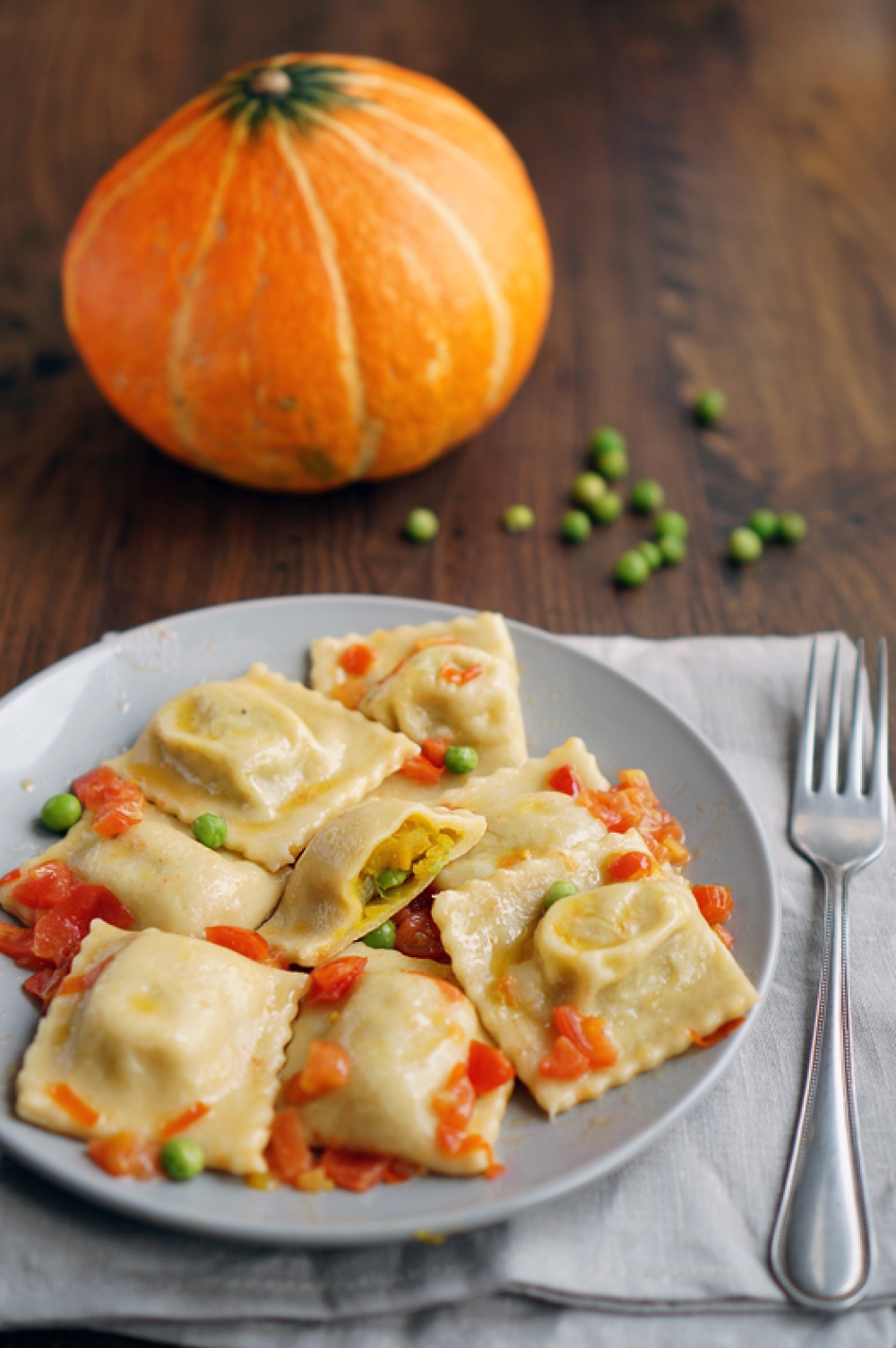 Ravioli with Pumpkin and Peas in Tomato Sauce
