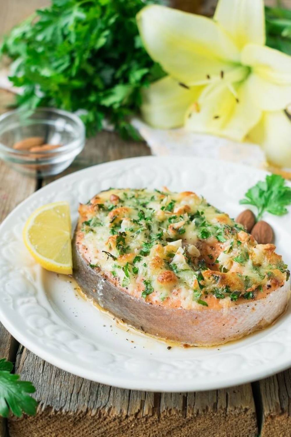 Baked Salmon with Cheese and Almonds