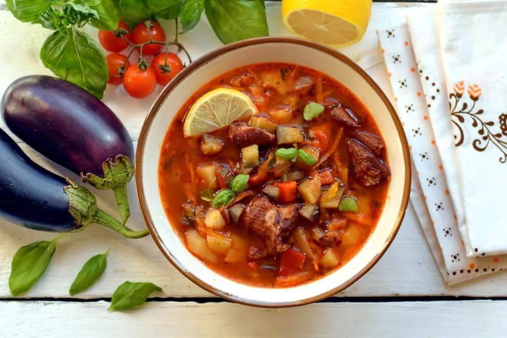 Tomato Soup with Eggplants and Smoked Meats