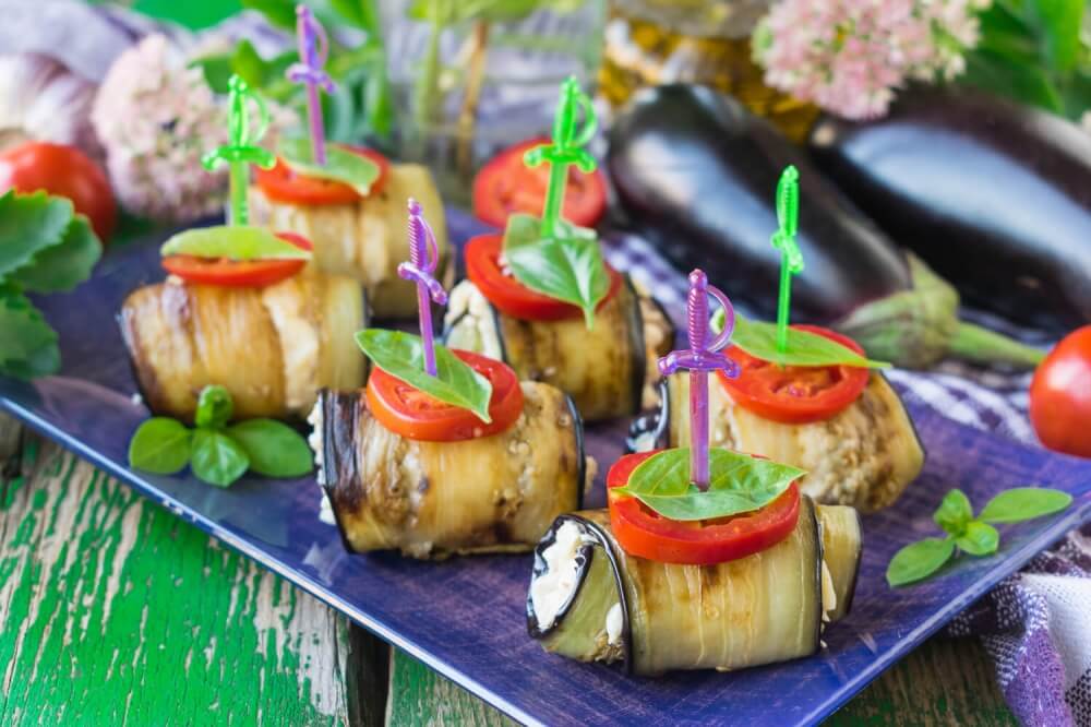 Eggplant Rolls with Chicken, Cheese, Tomatoes and Basil