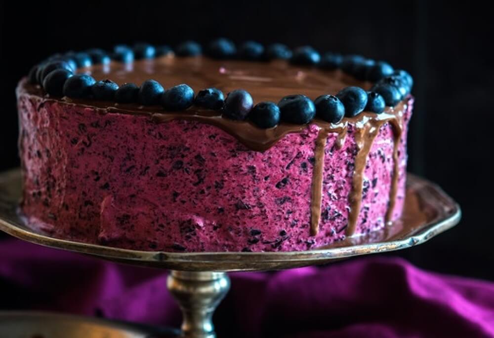 A chocolate cake with blueberry mousse