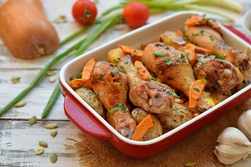 Chicken baked with pumpkin and potatoes