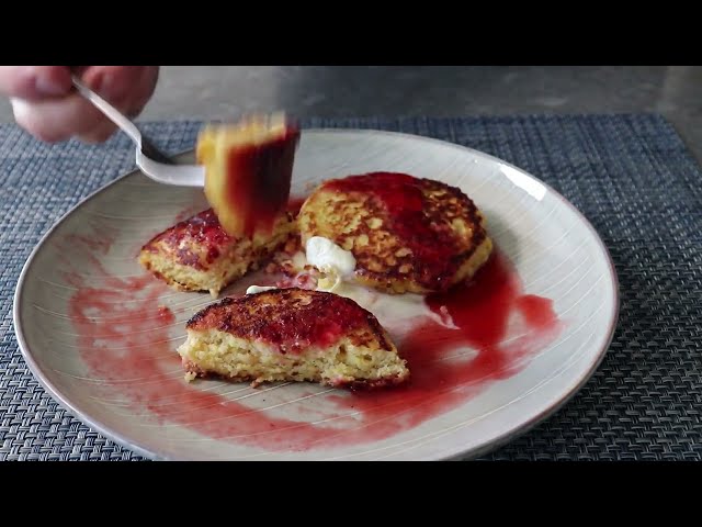 Cornbread Pancakes with Fresh Strawberry Syrup
