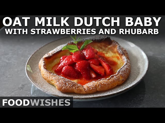 Oat Milk Dutch Baby with Strawberries and Rhubarb