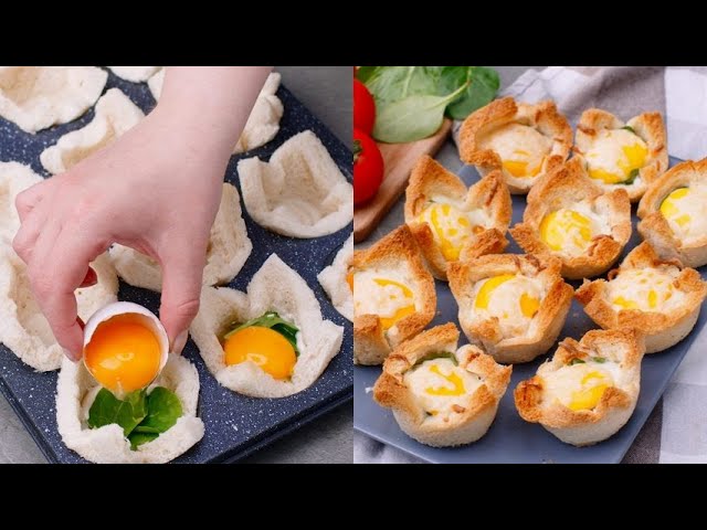 Bread baskets with eggs and ham