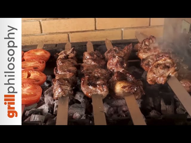 Mutton rolls roast on the kebab spits