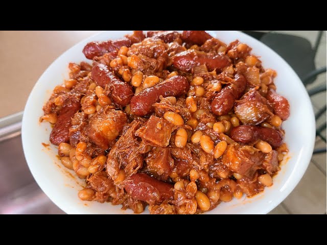 Barbecue Baked Beans with chicken sausage and bacon