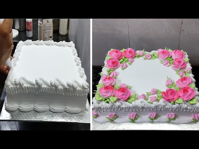 Square Shape Birthday Flowers Cake Design