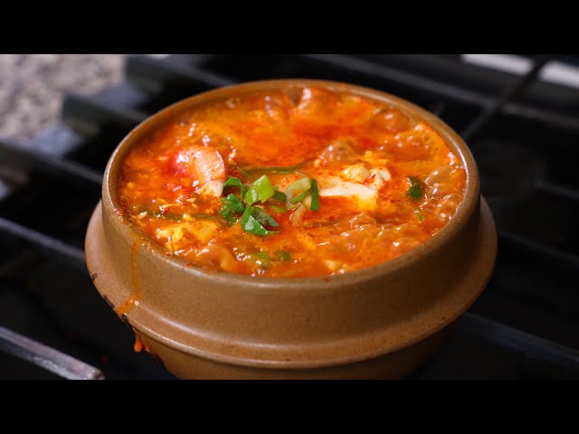 Korean spicy soft tofu stew with seafood