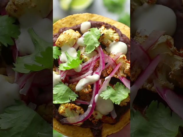 Cauliflower Black Bean Tostadas with Queso and Pickled Onion