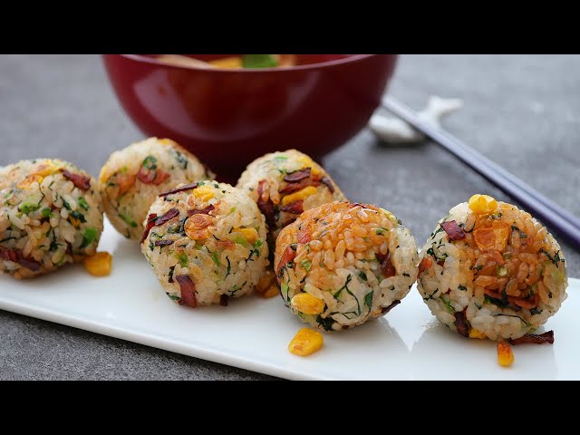 Grilled rice balls in a frying pan