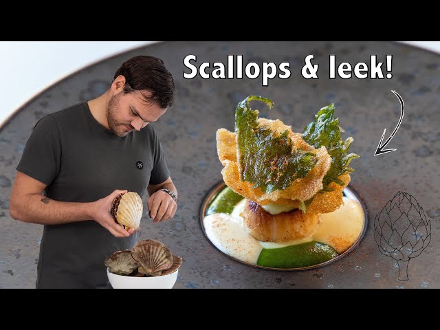 Pan seared scallops with fermented leek & a roe crispy