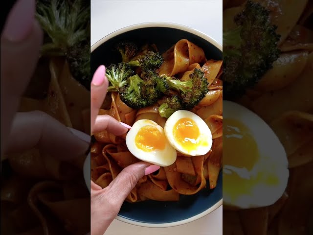 Chili Garlic Pappardelle with Smashed Broccoli and Soft Eggs