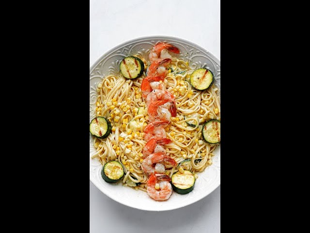 Grilled Shrimp Linguini with Corn and Zucchini with Whipped Ricotta