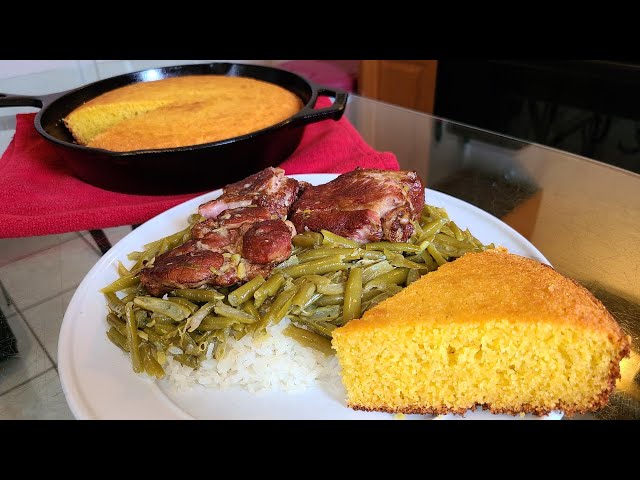 French Style Green Beans and Neck Bones Over Rice with Cast-iron Skillet Cornbread