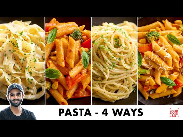 10 Minute Pasta Recipes - 4 Ways Red Sauce, Mix Sauce, Aglio e Olio, White Sauce