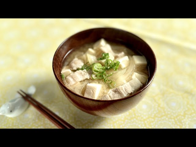 Miso Soup with Onion, Pork Belly, & Tofu