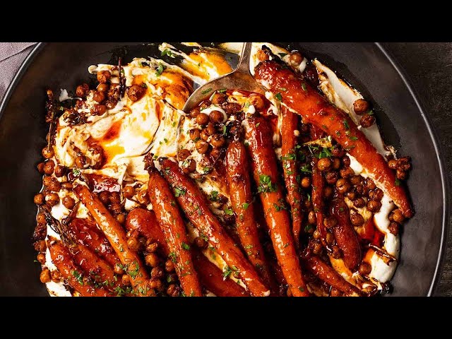 Spicy Maple Carrots with Crispy Chickpeas and Yogurt Sauce